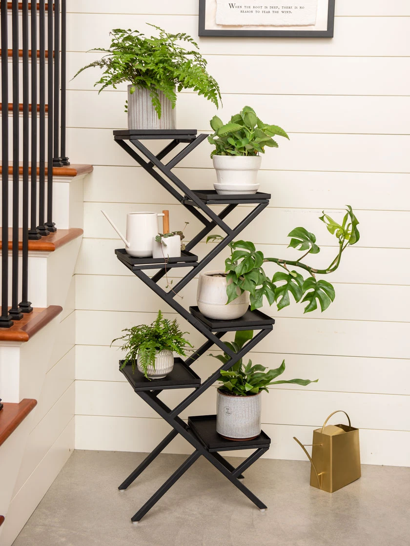Crisscross Cascading Plant Stand With Black Trays 3 Crisscross Cascading Plant Stand With Black Trays